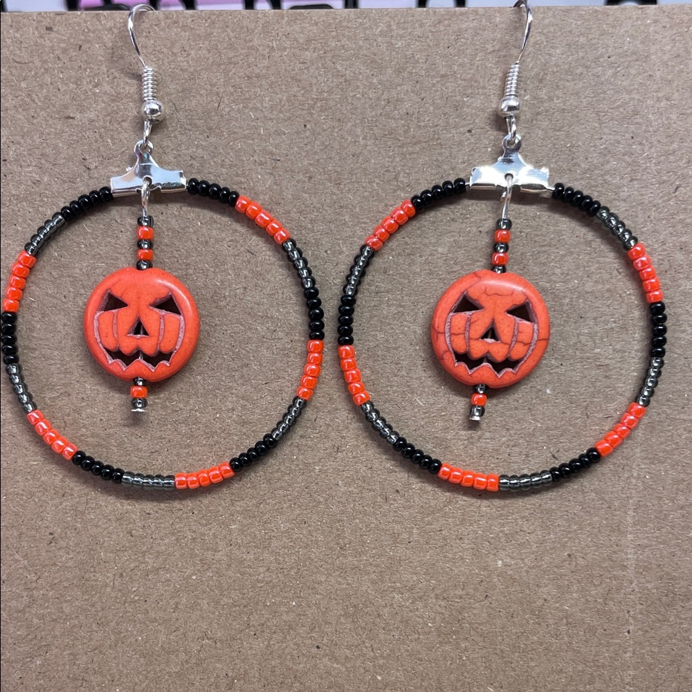 Halloween Pumpkin Beaded Hoop Earrings- Handmade